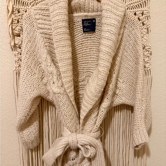 American Eagle Chunky Knit Cream Cardigan Belted Tie Waist Oversized Cozy Women’ - Picture 2 of 3